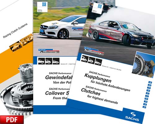 Katalogi ZF Motorsport i SACHS Performance ze sprzęgłami Performance, podwoziami i sprzęgłami dla sportu motorowego.