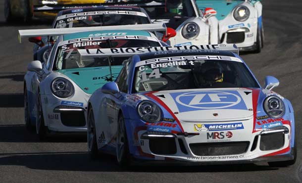 Porsche GT3 with ZF logo, having the tyres changed.